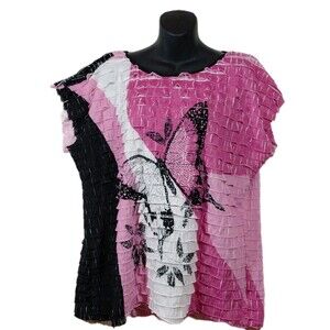 Elementz Women’s Ruffled Butterfly Short Dolman Sleeve Pink Black Top 1X